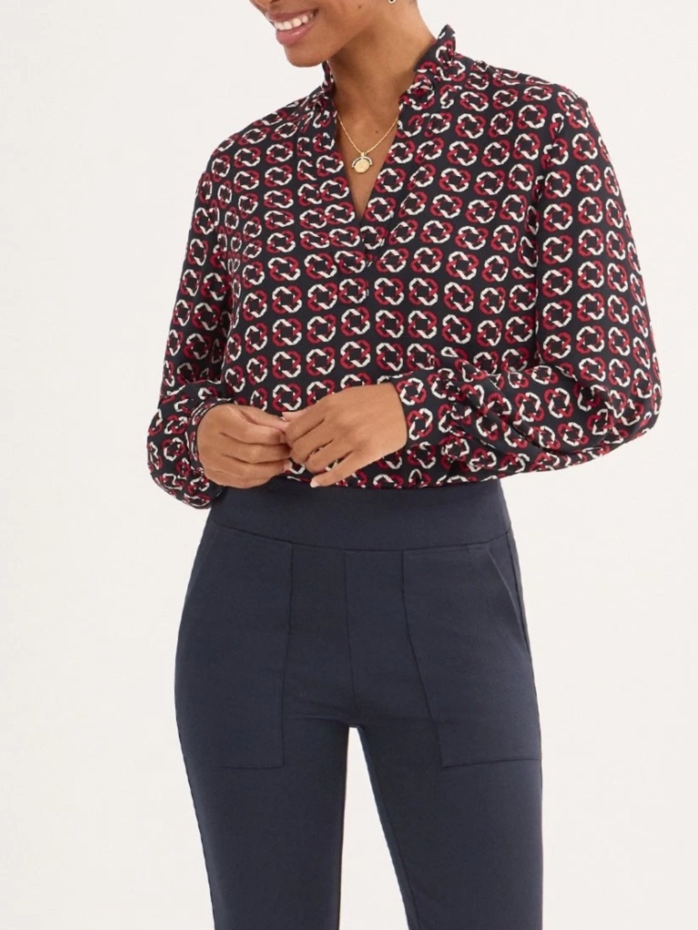 Cabi Geometric Print V-Neck Blouse in Black & Red Sz M